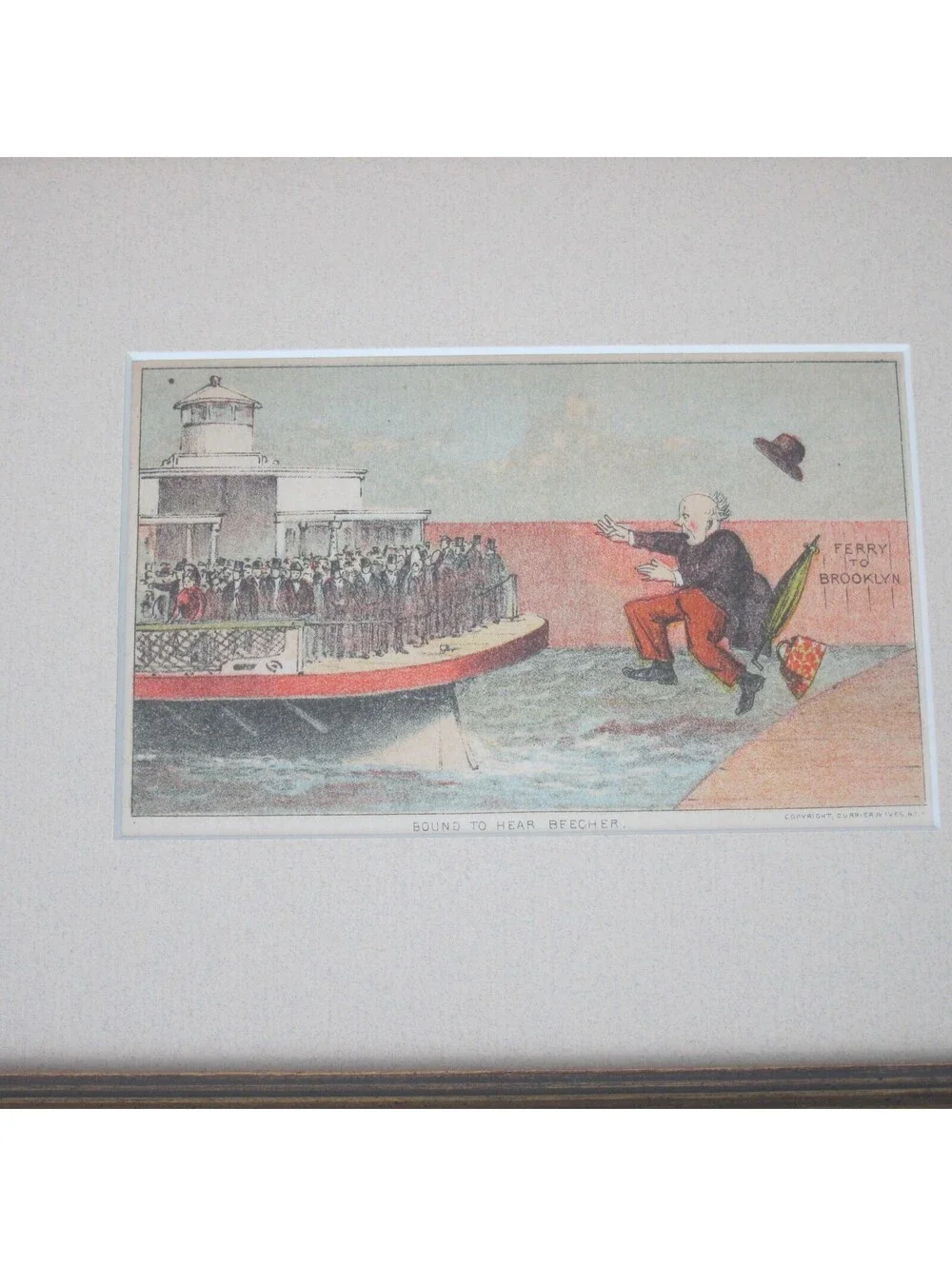 Currier & Ives Litho Print Bound To Hear Beecher Brooklyn Ferry Antique 1870s